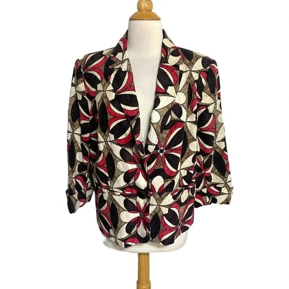 R.E.Q. XL brown ivory red abstract print linen & rayon blazer 3/4 sleeve‎ Office